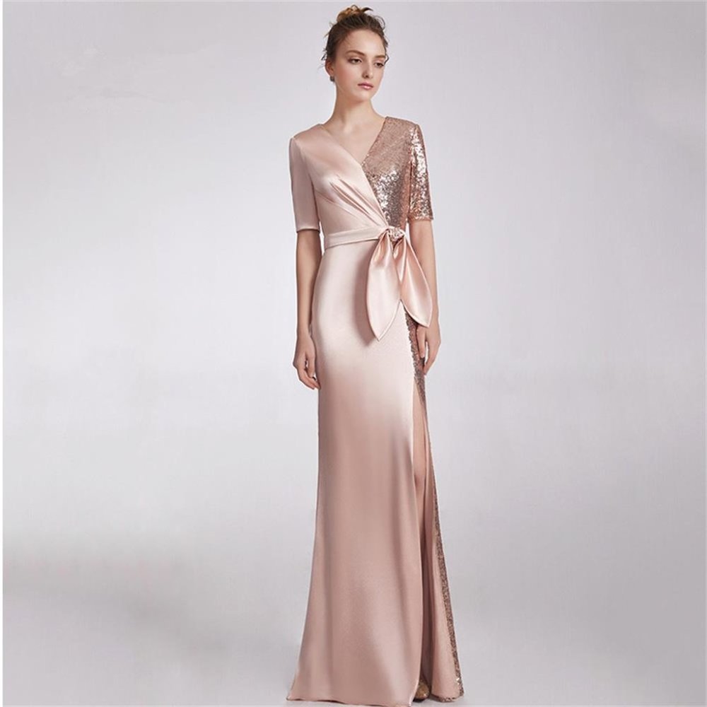 V-neck Elegant Half-Sleeve Evening Dress Bow Waist